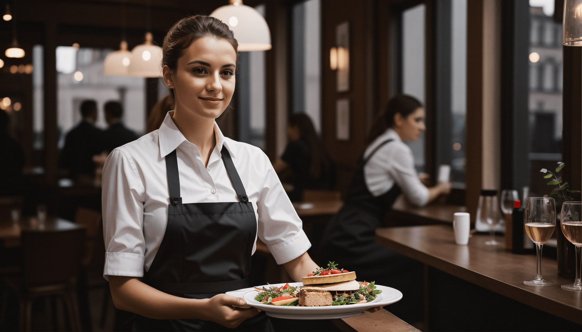 Eine Kellnerin in schwarzer Schürze und weißem Hemd serviert einen Teller mit Salat und Dessert in einem warm beleuchteten Restaurant, während ein anderer Mitarbeiter im Hintergrund an einem Fenster arbeitet.