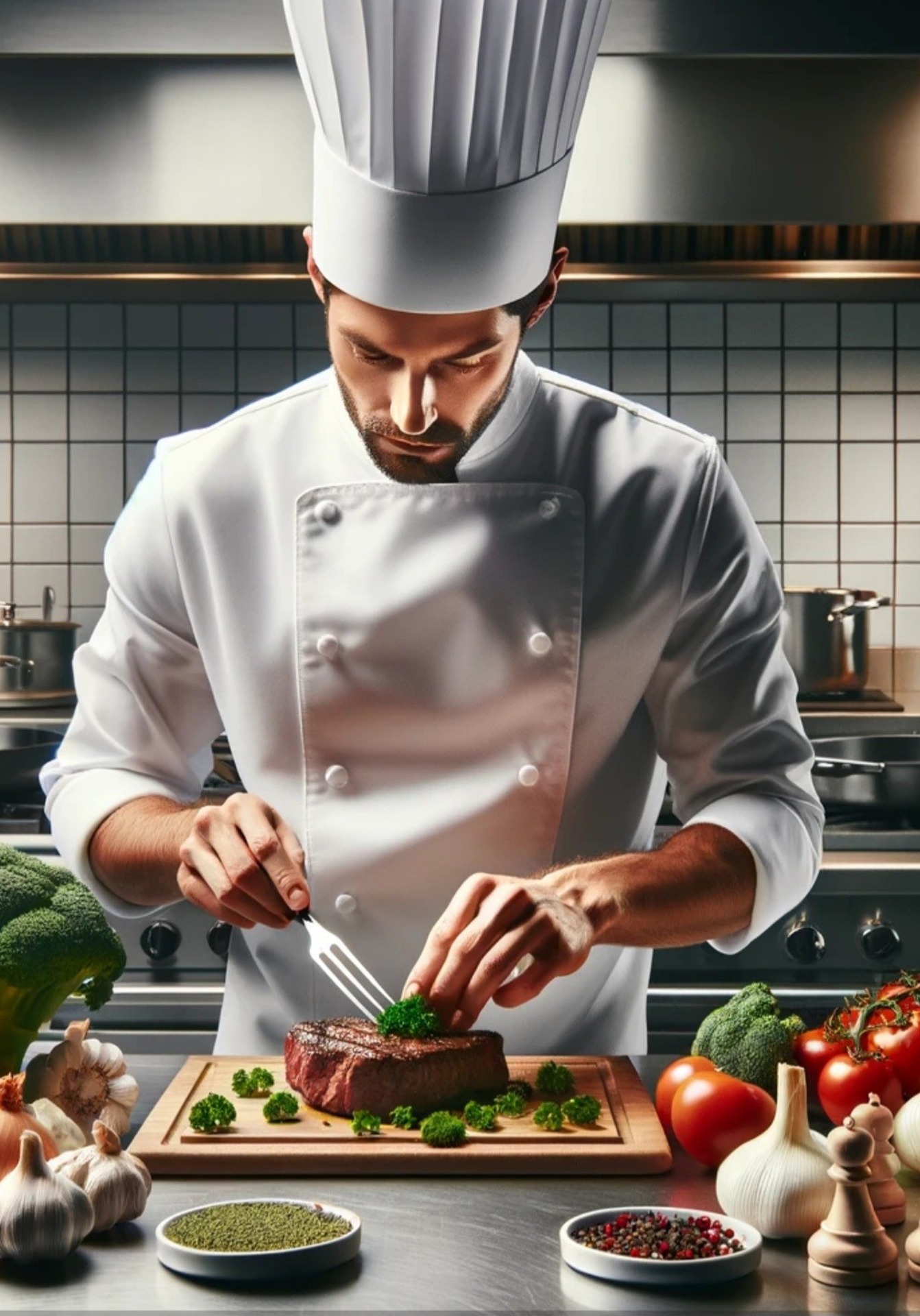 Ein Koch in weißer Uniform und Mütze garniert ein Steak mit Kräutern in einer professionellen Küche, umgeben von frischem Gemüse und Gewürzen.